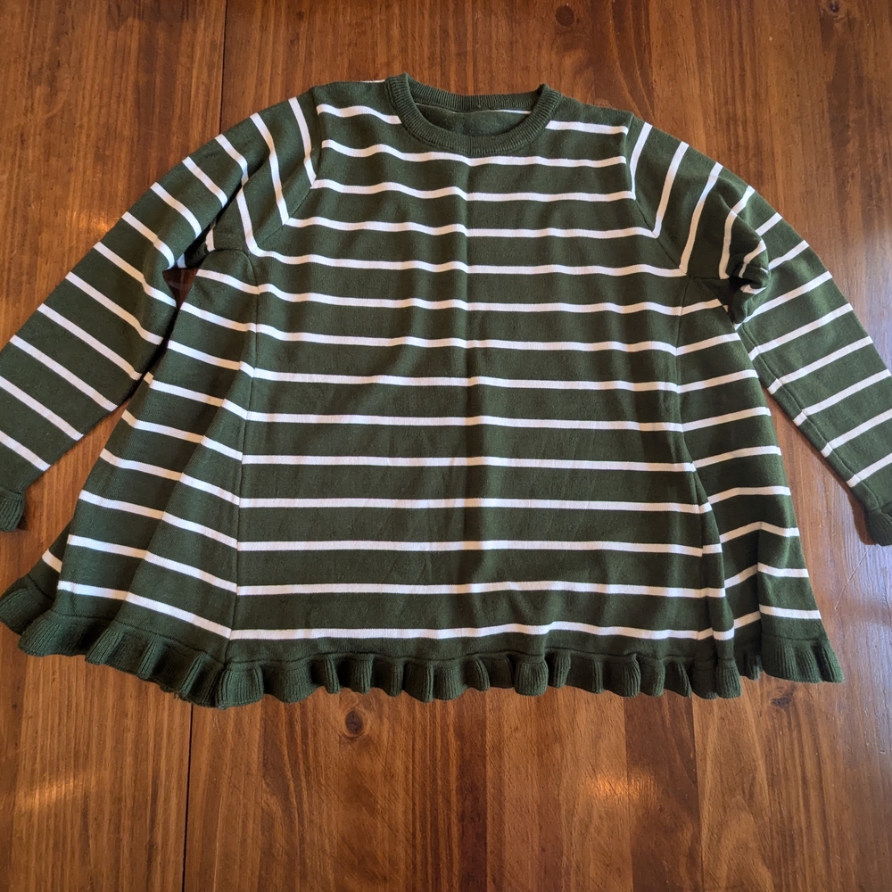 Boutique Size Small Green and White Striped Sweater with Ruffle Hem